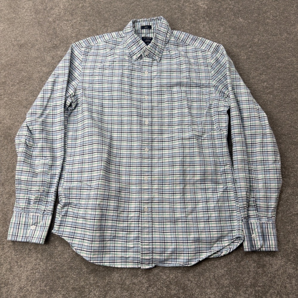J Crew Flex Oxford Shirt Mens Medium Blue Green Plaid Slim Fit BN723 Button Down
